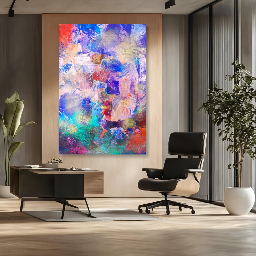 Tablou canvas cu pictura abstracta cu pete colorate, fara rama, pe sasiu de lemn, pe perete intr-un birou